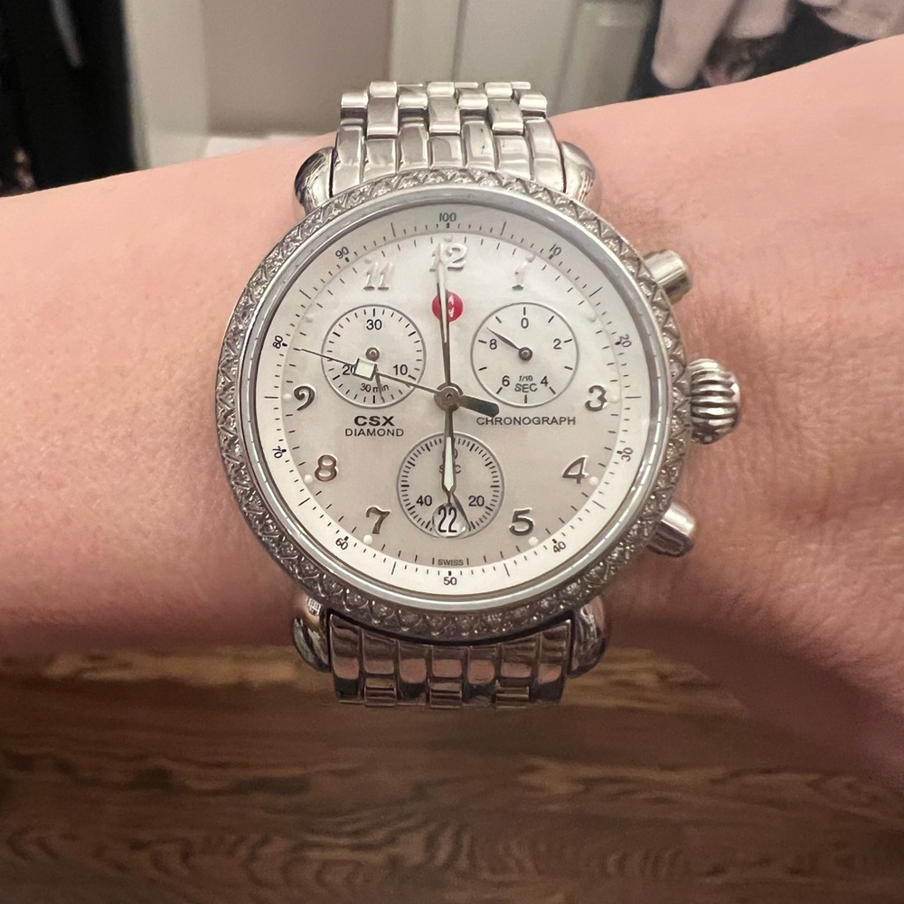 Michele CSX Round Stainless Steel watch with diamond bezel.